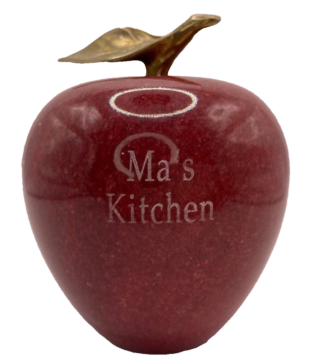 Marble Red Apple Paperweight Alabaster With Brass Stem -Pre-owned